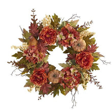Load image into Gallery viewer, 24&quot; Peony, Hydrangea and Pumpkin Fall Artificial Wreath

