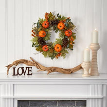 Load image into Gallery viewer, 24&quot; Pumpkins, Pine Cones and Berries Fall Artificial Wreath
