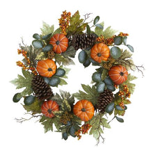 Load image into Gallery viewer, 24&quot; Pumpkins, Pine Cones and Berries Fall Artificial Wreath
