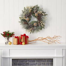 Load image into Gallery viewer, 24&quot; Snow Tipped Holiday Artificial Wreath with Berries, Pine Cones and Ornaments
