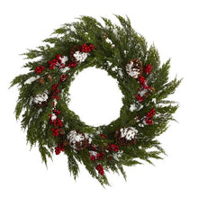 Load image into Gallery viewer, 28&#39;&#39; Frosted Cypress with Berries and Pine Cones Artificial Wreath
