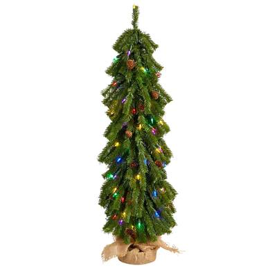 3'Artificial Christmas Tree with Pinecones and 50 Multicolored Lights Set in a Burlap Base