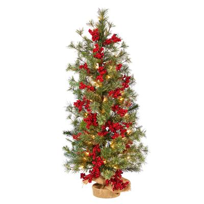 3'Berry and Pine Artificial Christmas Tree with 50 Warm White Lights and Burlap Wrapped Base