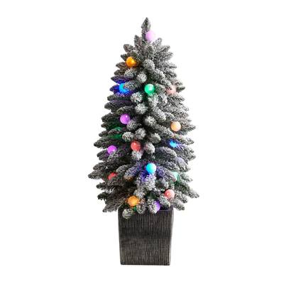 3'Flocked Highland Fir Artificial Christmas Tree with 127 Bendable Branches and 20 LED Globe Lights in Decorative Planter