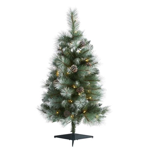 3'Frosted Tip British Columbia Mountain Pine Artificial Christmas Tree with 50 Clear Lights, Pine Cones and 112 Bendable Branches