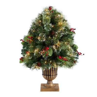 3' Holiday Pre-Lit Snow Tip Greenery, Berries and Pinecones Artificial Christmas Plant in Urn with 100 LED Lights, Indoor Outdoor Patio Porch Decor