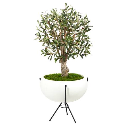 3'Olive Artificial Tree in White Planter with Metal Stand
