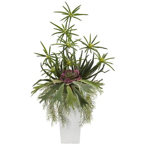3'Staghorn, Succulent and Cyperus Artificial Plant in White Planter