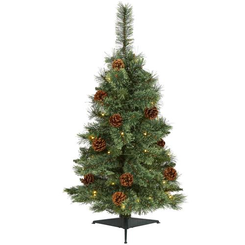 3'White Mountain Pine Artificial Christmas Tree with 50 Clear LED Lights and Pine Cones