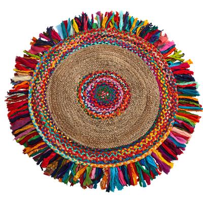 3'x 3'Handmade Woven Chindi Jute Rug with Colorful Fringe