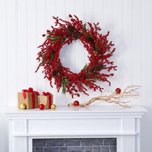 Load image into Gallery viewer, 34&quot; Cypress Artificial Wreath with Berries and Pine Cones
