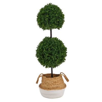 3.5'Boxwood Double Ball Artificial Topiary Tree in Boho Chic Handmade Cotton & Jute White Woven Planter UV Resistant (Indoor/Outdoor)