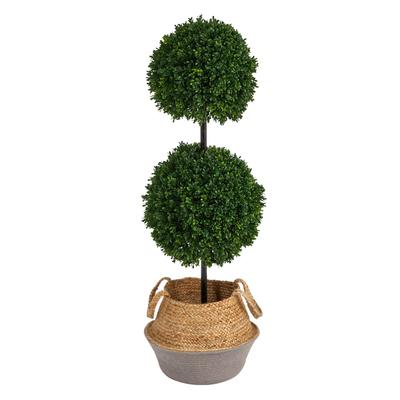 3.5'Boxwood Double Ball Artificial Topiary Tree in Boho Chic Handmade Cotton & Jute Gray Woven Planter UV Resistant (Indoor/Outdoor)