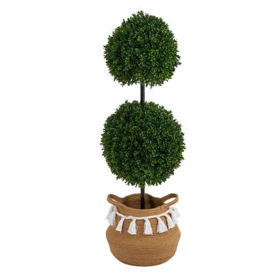 3.5'Boxwood Double Ball Artificial Topiary Tree in Boho Chic Handmade Natural Cotton Woven Planter with Tassels UV Resistant (Indoor/Outdoor)