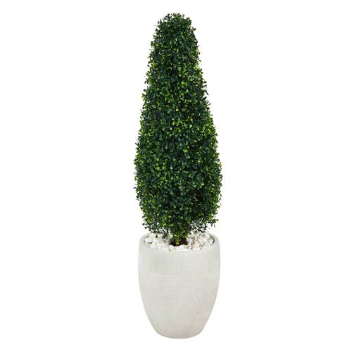 3.5'Boxwood Tower Artificial Topiary Tree in White Planter UV Resistant (Indoor/Outdoor)