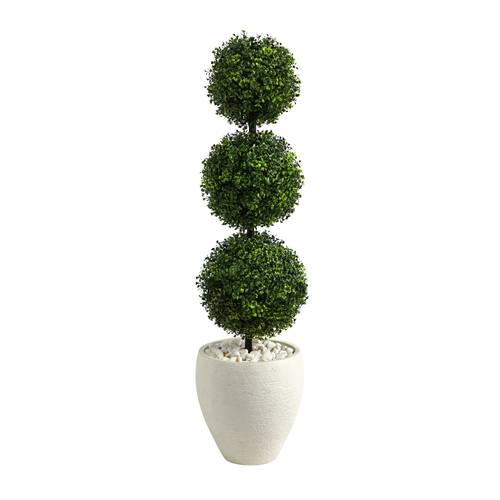 3.5'Boxwood Triple Ball Topiary Artificial Tree in White Planter (Indoor/Outdoor)