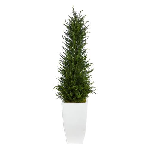 3.5'Cypress Artificial Tree in White Metal Planter UV Resistant (Indoor/Outdoor)