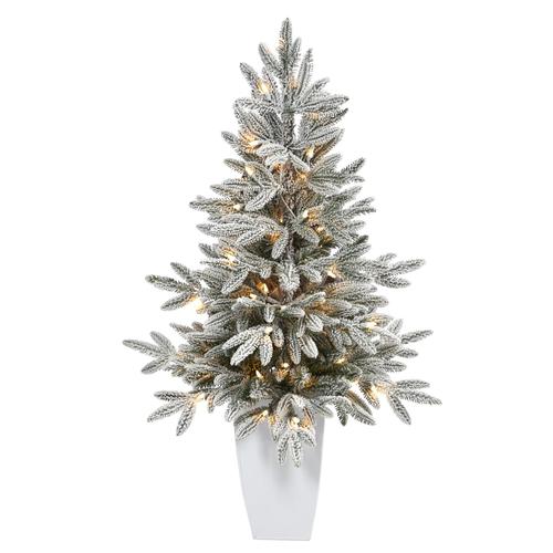 3.5'Flocked Manchester Spruce Artificial Christmas Tree with 50 Lights and 133 Bendable Branches in Metal Planter