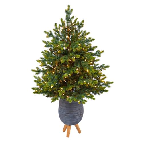 3.5'North Carolina Fir Artificial Christmas Tree with 150 Clear Lights and 563 Bendable Branches in Gray Planter with Stand