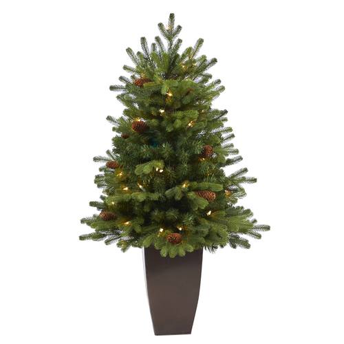 3.5'Yukon Mountain Fir Artificial Christmas Tree with 50 Clear Lights and Pine Cones in Bronze Metal Planter