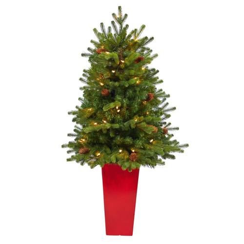 3.5'Yukon Mountain Fir Artificial Christmas Tree with 50 Clear Lights and Pine Cones in Red Planter