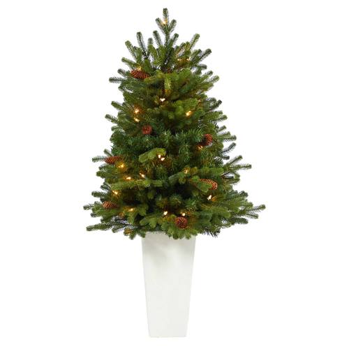 3.5'Yukon Mountain Fir Artificial Christmas Tree with 50 Clear Lights and Pine Cones in White Planter