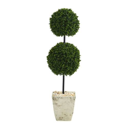 4'Boxwood Double Ball Artificial Topiary Tree in Country White Planter UV Resistant (Indoor/Outdoor)