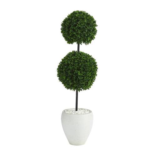 4'Boxwood Double Ball Artificial Topiary Tree in White Planter UV Resistant (Indoor/Outdoor)