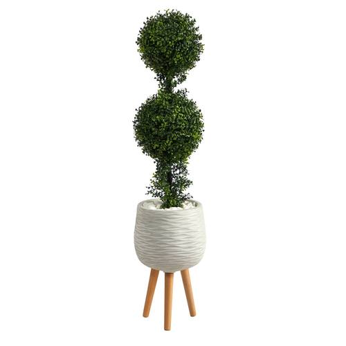 4'Boxwood Double Ball Topiary Artificial Tree in White Planter with Stand (Indoor/Outdoor)
