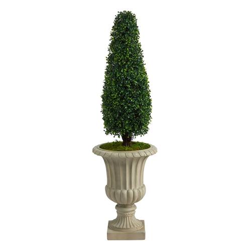 4'Boxwood Tower Artificial Topiary Tree in Sand Finished Urn UV Resistant (Indoor/Outdoor)