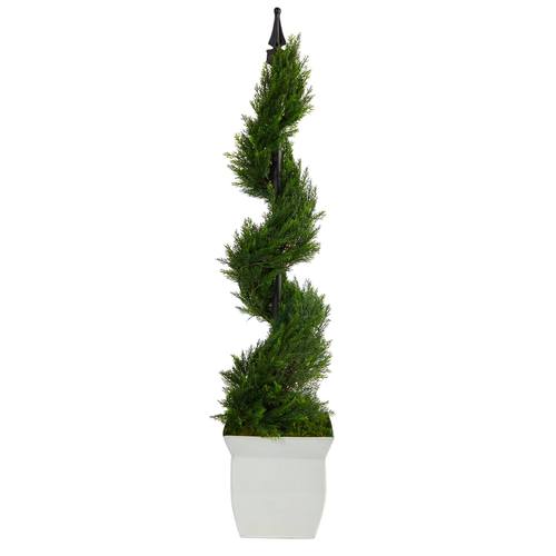 4'Cypress Spiral Topiary Artificial Tree in White Metal Planter