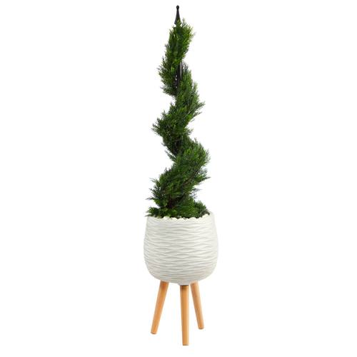 4'Cypress Spiral Topiary Artificial Tree in White Planter with Stand