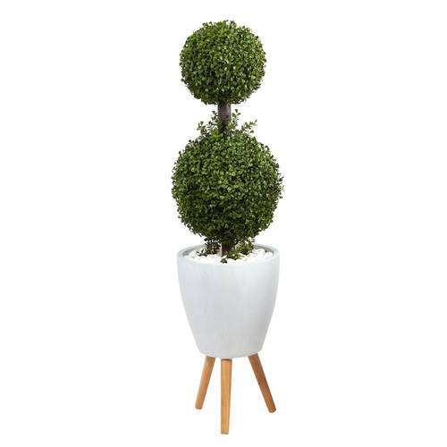 4'Double Boxwood Topiary Artificial Tree in White Planter with Stand (Indoor/Outdoor)