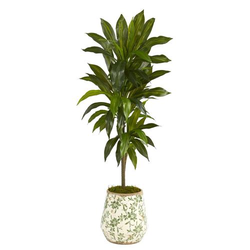 4'Dracaena Artificial Plant in Flower Print Planter (Real Touch)