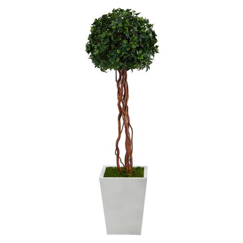 4'English Ivy Topiary Single Ball Artificial Tree in White Metal Planter UV Resistant (Indoor/Outdoor)