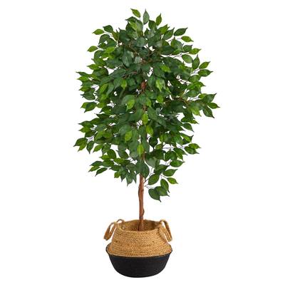 4'Ficus Artificial Tree in Boho Chic Handmade Cotton & Jute Black Woven Planter