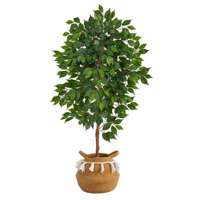 4'Ficus Artificial Tree in Boho Chic Handmade Natural Cotton Woven Planter with Tassels