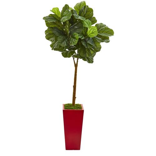 4'Fiddle Leaf Artificial Tree in Red Planter (Real Touch)