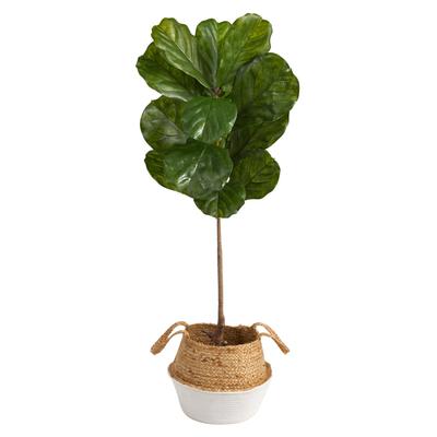 4'Fiddle Leaf Artificial Tree in Boho Chic Handmade Cotton & Jute White Woven Planter UV Resistant (Indoor/Outdoor)