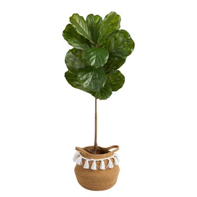 4'Fiddle Leaf Artificial Tree in Boho Chic Handmade Natural Cotton Woven Planter with Tassels UV Resistant (Indoor/Outdoor)