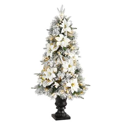 4'Flocked Artificial Christmas Tree with 223 Bendable Branches and 100 Warm Lights in Decorative Urn