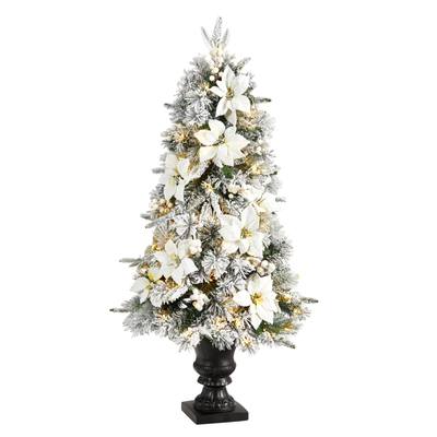 4'Flocked Artificial Christmas Tree with 223 Bendable Branches and 100 Warm Lights in Decorative Urn