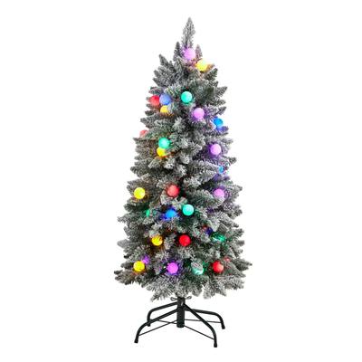 4' Flocked British Columbia Mountain Fir Artificial Christmas Tree with 40 Multi Color Globe Bulbs and 247 Bendable Branches