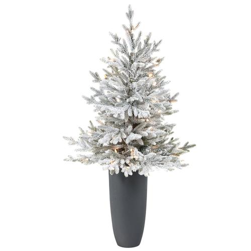 4'Flocked Fraser Fir Artificial Christmas Tree with 200 Warm White Lights and 481 Bendable Branches in Gray Planter
