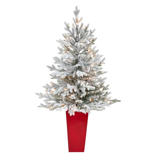 4'Flocked Fraser Fir Artificial Christmas Tree with 200 Warm White Lights and 481 Bendable Branches in Red Planter