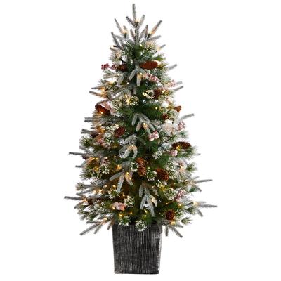 4' Frosted Artificial Christmas Tree Pre-Lit with 105 LED lights and Berries in Decorative Planter