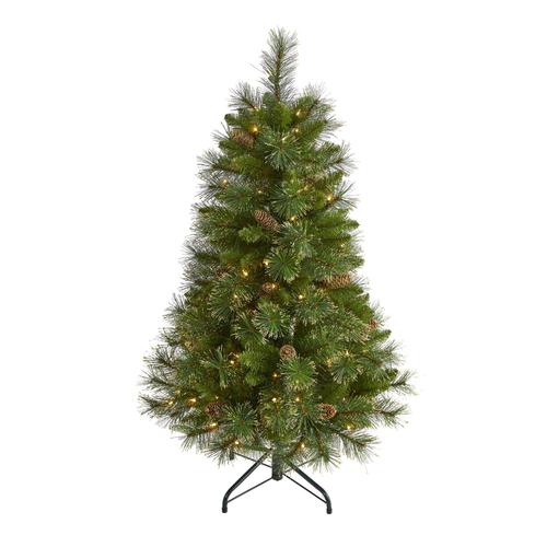 4'Golden Tip Washington Pine Artificial Christmas Tree with 100 Clear Lights, Pine Cones and 336 Bendable Branches