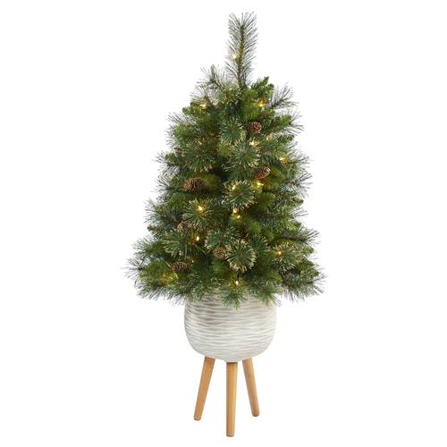 4'Golden Tip Washington Pine Artificial Christmas Tree with 50 Clear Lights, Pine Cones and 148 Bendable Branches in White Planter with Stand