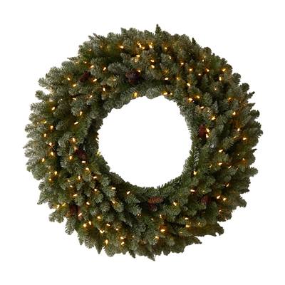 4'Large Flocked Artificial Christmas Wreath with Pinecones, 150 Clear LED Lights and 330 Bendable Branches