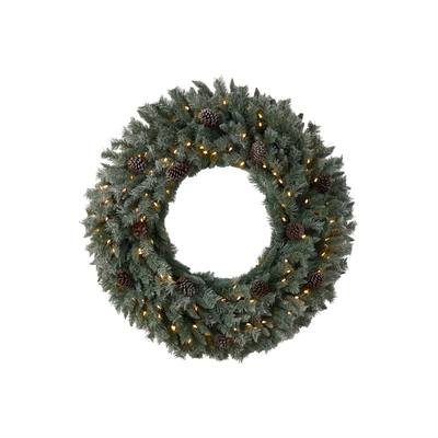 4'Large Flocked Artificial Christmas Wreath with Pinecones, 150 Clear LED Lights and 360 Bendable Branches